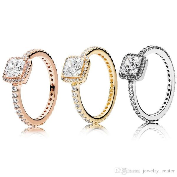 Square Sparkle Halo Ring with Large CZ Diamond in 925 Silver or 18K Rose Gold, Comes in Original Gift Box for Wedding Ring Sets