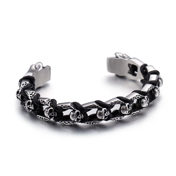 Stainless steel and leather men's bracelet with skull ends, a stylish gift option