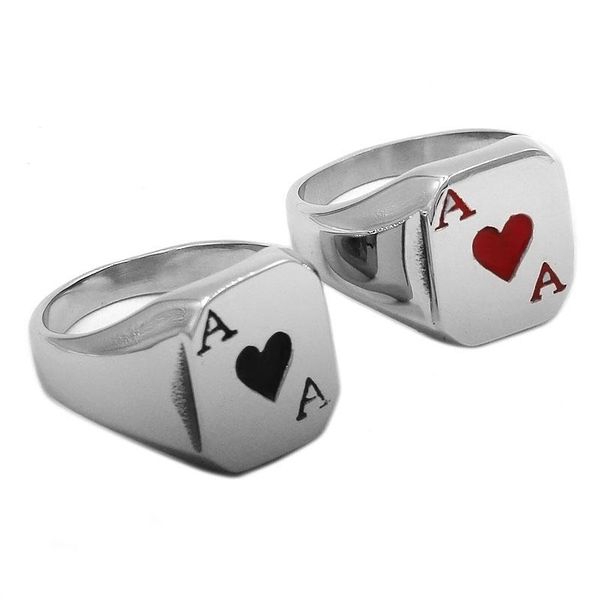Stainless steel biker ring featuring a classic red heart and ace of spades design for men and women