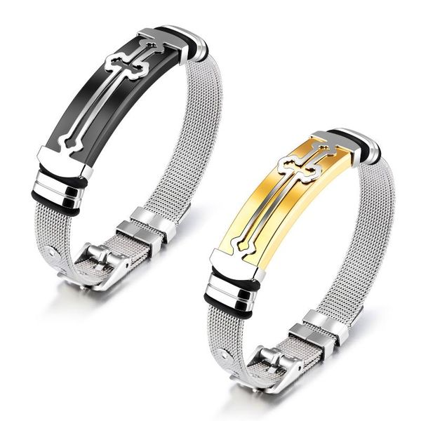 Stainless steel cross bracelet for men and women in black and gold plating