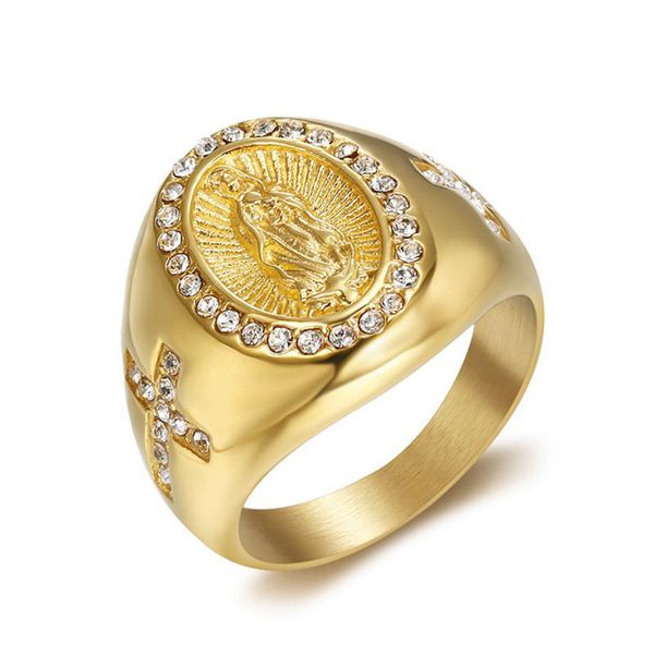 Stainless steel cross ring with white zircon, 18K gold-plated for hip hop religious jewelry