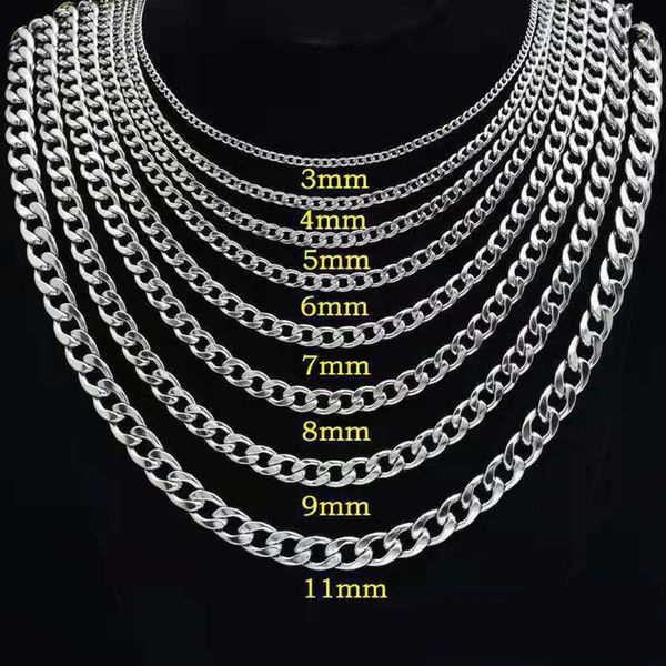 Stainless steel Cuban chain necklace for men and women, stylish hip-hop silver thick curb link jewelry in 3MM, 5MM, 7MM, and 9MM sizes