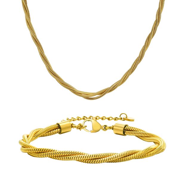 Stainless steel layered snake chain braided jewelry set in gold plating, stylish accessories for women and girls