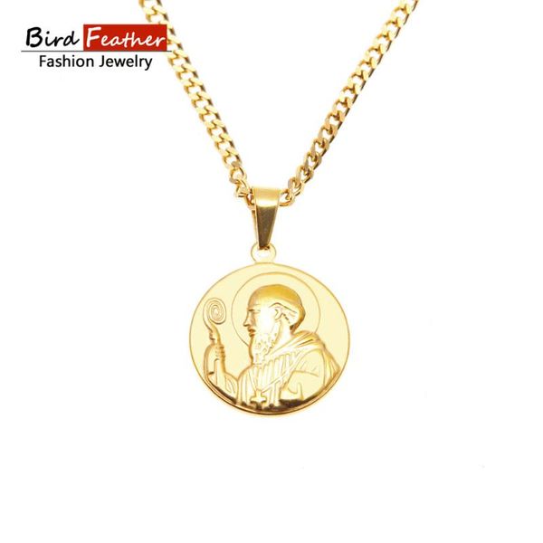 Stainless steel pendant necklace in golden hue for men and women, featuring St Benedict design, a stylish hip hop accessory