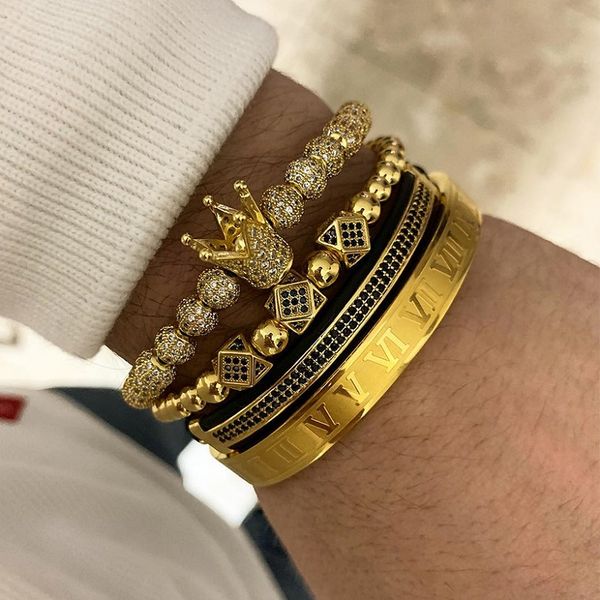 Stainless steel punk-style bracelet set with Roman numerals, featuring crown designs for couples