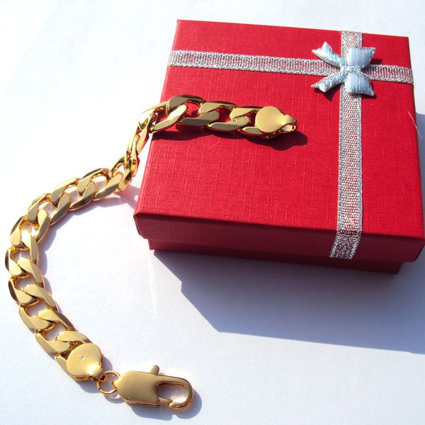 Stamep 24k premium gold Cuban curb link bracelet for men, 12mm solid fine gauge chain