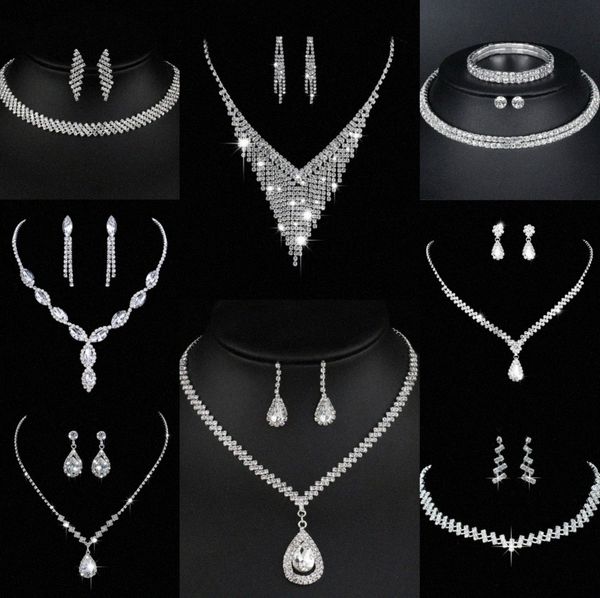 Sterling silver bridal jewelry set featuring lab diamonds, perfect for women's wedding necklaces, earrings, and engagement gifts