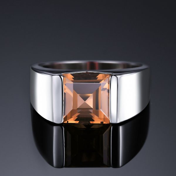 Sterling silver men's wedding ring with genuine smoky quartz, crafted in 925 silver for fine jewelry