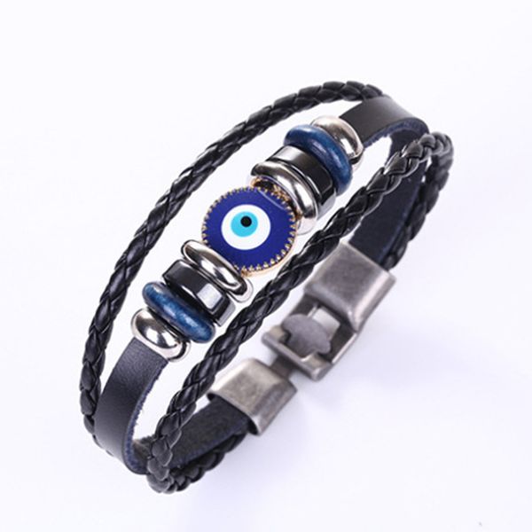 Stylish blue evil eye beaded bracelets with genuine leather, multilayer wrap bangles for women and men in vintage fashion jewelry