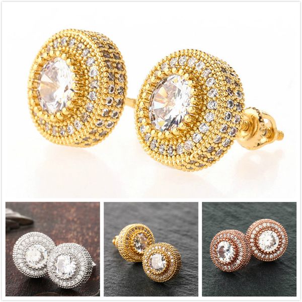 Stylish gold and rose gold cubic zirconia stud earrings, hip hop iced-out diamond studs, perfect rapper jewelry gifts for men