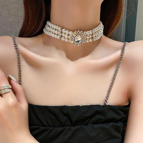 Stylish multi-strand gothic pearl choker necklace for women, featuring crystal rhinestone embellishments, a trendy jewelry gift for girls