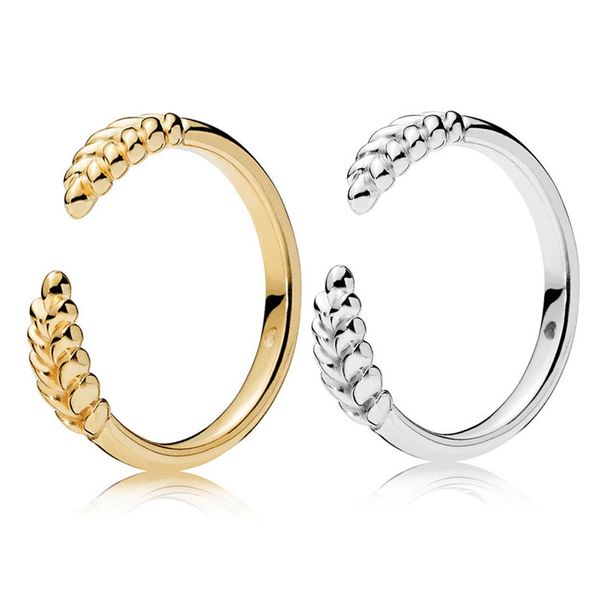 Stylish Pandora wheat ear ring in 925 silver with 18K gold plating, featuring an open grain design and original box