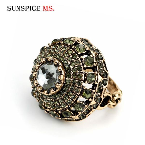 SUNSPICEMS Full Gray Crystal Ball Ring Female Vintage Party Jewelry Turkish Design Antique Gold Color Women Holidays Gift