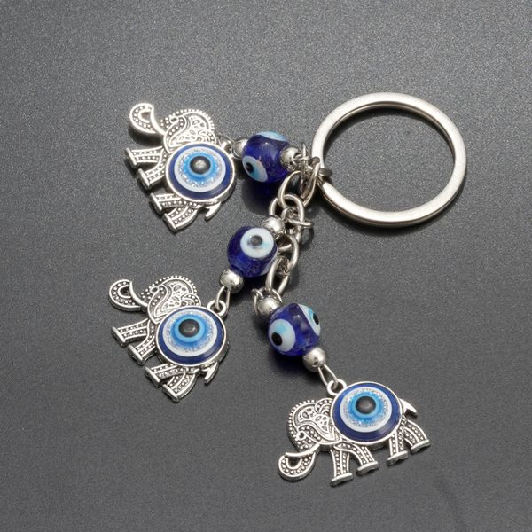 Three Lucky Elephant Blue Evil Eye Beads Key Chains with Antique Silver Plating