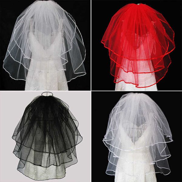 Three-tier bridal veil with comb in white, ivory, red or black featuring ribbon-edged trim, perfect bridal accessory X0726