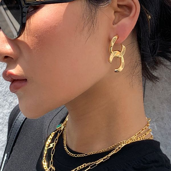 Tide Brand Stud Ins Hip-Hop Kardashian Ken Bean Cross Chain Earrings Plated 18K Gold Fashion All-Match High-End Gift Jewelry