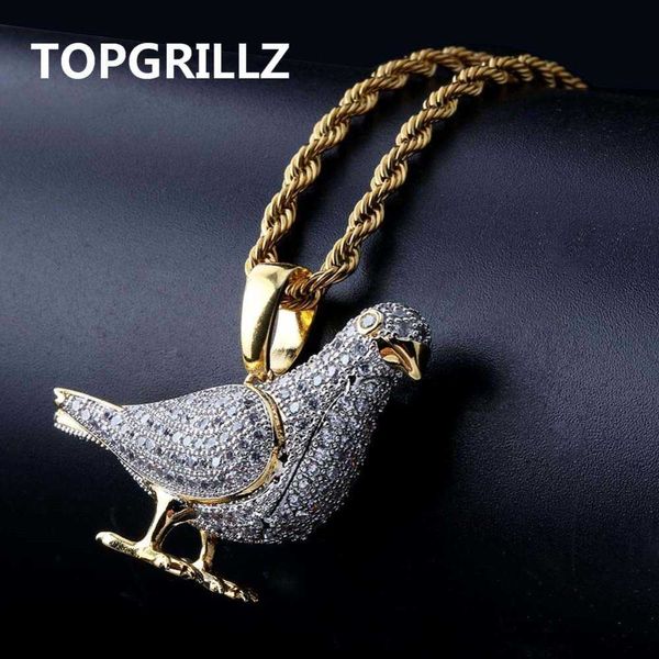 TOPGRILLZ New Style Iced Out Gold Color Plated Two Tone Micro Pave Zircon Pigeon Pendant Necklace Hip Hop Jewelry for Men Women X0707