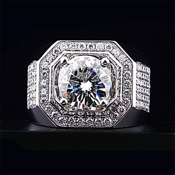 Top-quality men's 925 sterling silver ring with round white topaz and pave CZ diamonds, perfect for weddings, engagements, or gifting