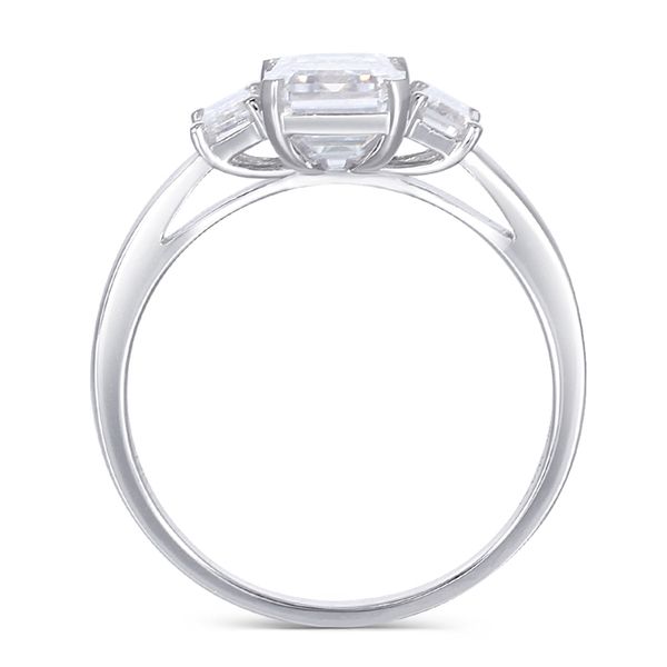 Transgems 18K white gold ring with a 6x8mm F-color emerald-cut center stone and two side stones, style Y200620