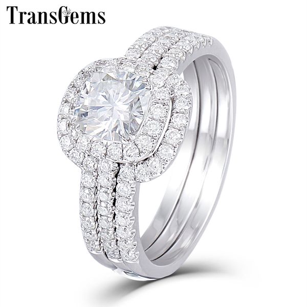 TransGems Solid 10K White Gold Engagement Bridal Set featuring a 1ct 6MM Square Cushion Cut Halo Moissanite Ring for Women Y200620