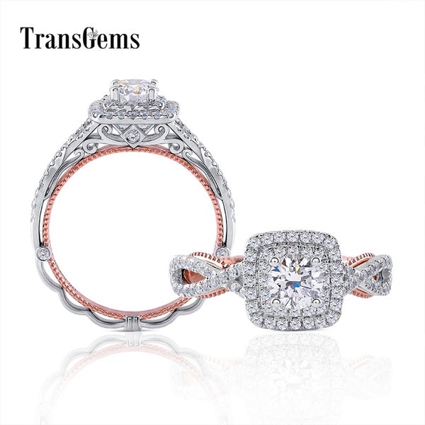 TransGems Solid 14K 585 White and Rose Gold Center Round 0.5ct 5mm F Color Moissanite Engagement Ring with Halo for Women Y200620