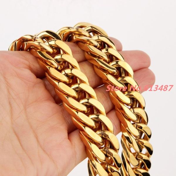 Trendy 17mm wide stylish 316L stainless steel gold Cuban curb chain for men, a heavy cool jewelry necklace available in 7-40" sizes, perfect as a gift