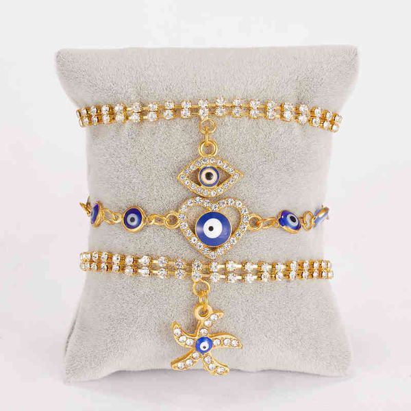 Trendy Evil Eye Bracelet 14K Gold Plated Zircon CZ Hand Charm Bracelet Navy Blue Beads Eyes Bracelets for Girl Women H220418
