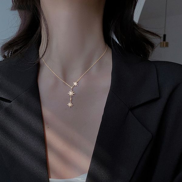 Trendy titanium steel amulet pendant necklace from South Korea, featuring an eight-star design and red clavicle chain for women