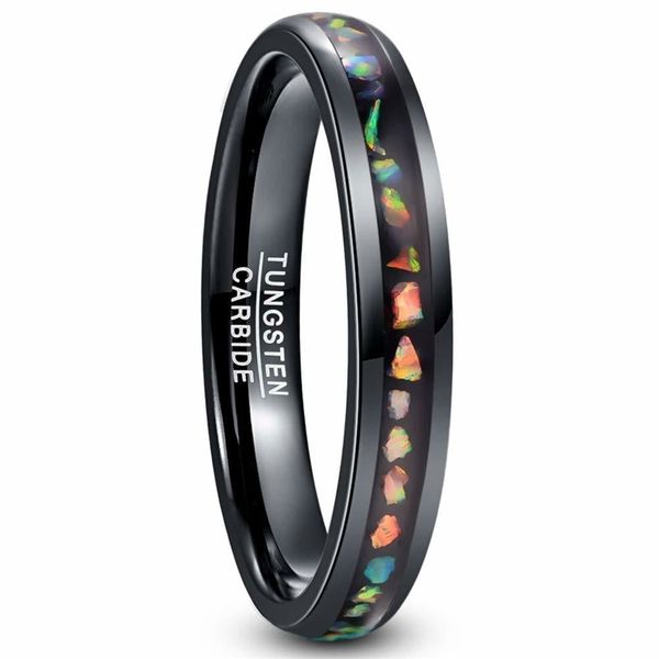 Tungsten carbide ring with crushed fire opal, black dome design for men and women, comfortable wedding band in tungsten steel