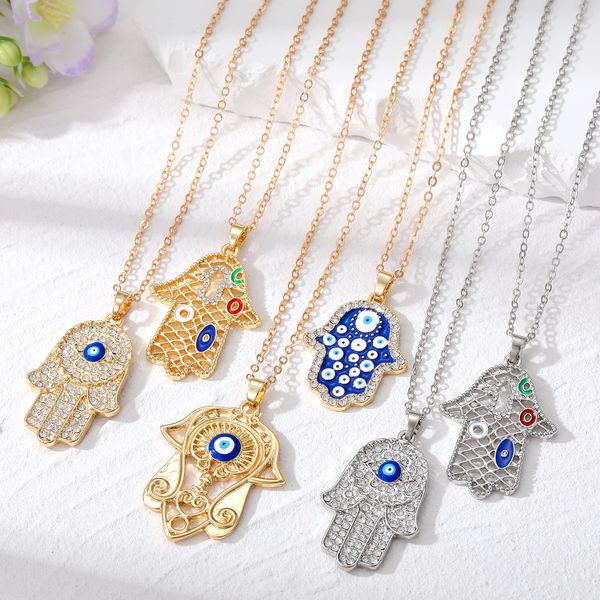Turkey Evil Eye Fatima Hand Pendant Necklace For Women Hollow Blue Eyes Hand Necklaces Jewelry