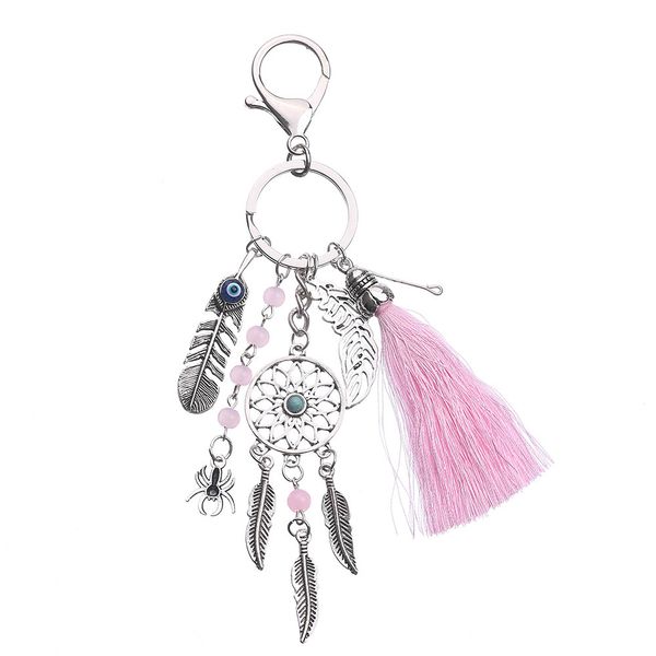 Turquoise beaded keychain with dream catcher, bohemian tassel, and fish bone leaf charms for stylish bag accessories