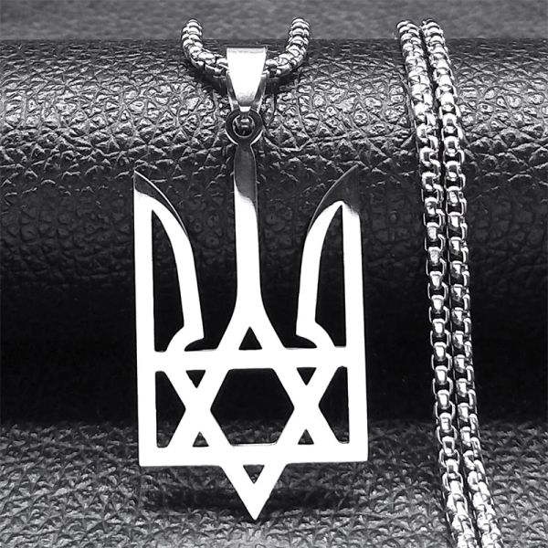 Ukraine National Emblem Pendant Necklace for Women Men 14K White Gold Jewish Star of David Hexagram Ukrainian Jewlery