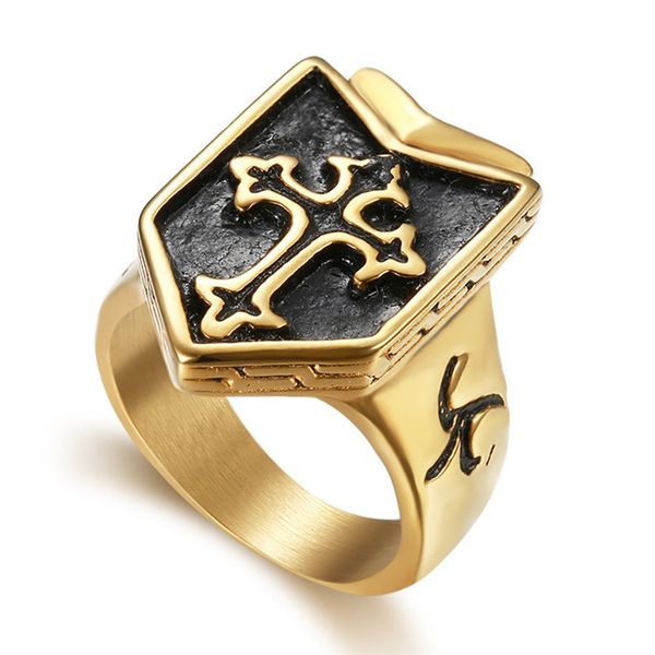 Unique stainless steel men's ring featuring Knights Templar sword and shield design with gothic cross and tombstone motifs, a bold punk jewelry piece