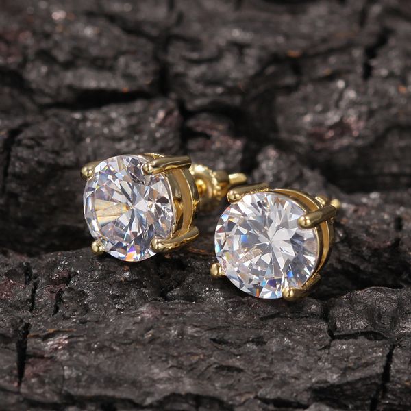 Unisex gold and silver stud earrings with big CZ diamonds for men's hip hop fashion