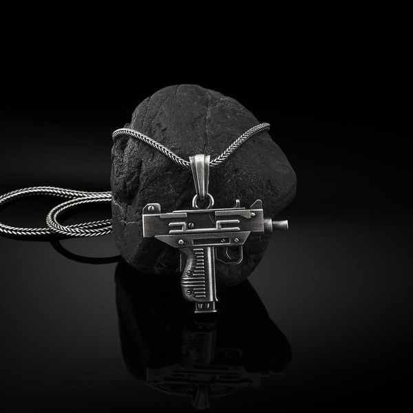 Uzi Submachine Gun Pendant Necklace for Men, Stylish Amulet Sweater Chain