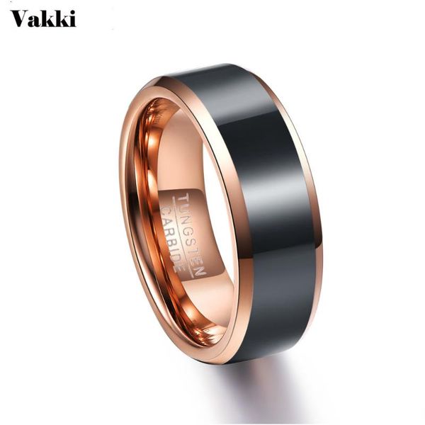 VAKKI 8MM Wide 2.3MM Thick Vacuum Plated Polished Black Rose Gold Tungsten Steel Engagement Ring
