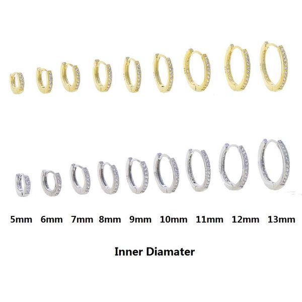 Various sized huggie hoop earrings featuring micro pave cubic zirconia in 5mm to 14mm sizes