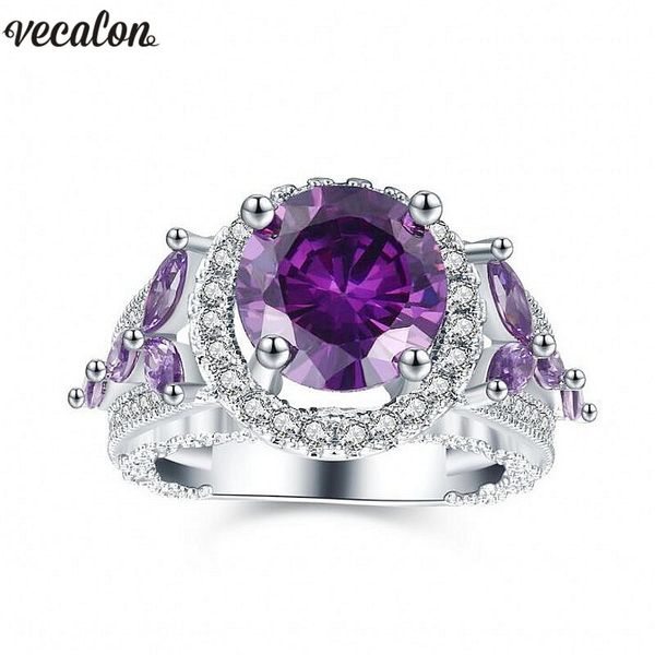 Vecalon Hollow Flower ring in 925 Sterling silver with 2ct 5A Purple CZ, perfect for weddings and parties, designed for both women and men