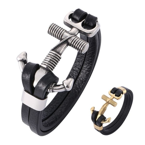 Viking-inspired layered leather bracelet with gold and silver anchor charm