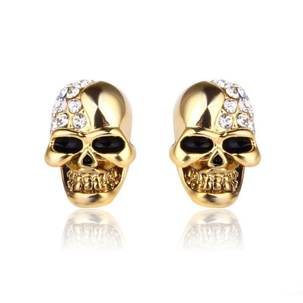 Vintage crystal skull stud earrings for women and men in punk-inspired gold, silver, or rose gold, perfect as a Halloween jewelry gift