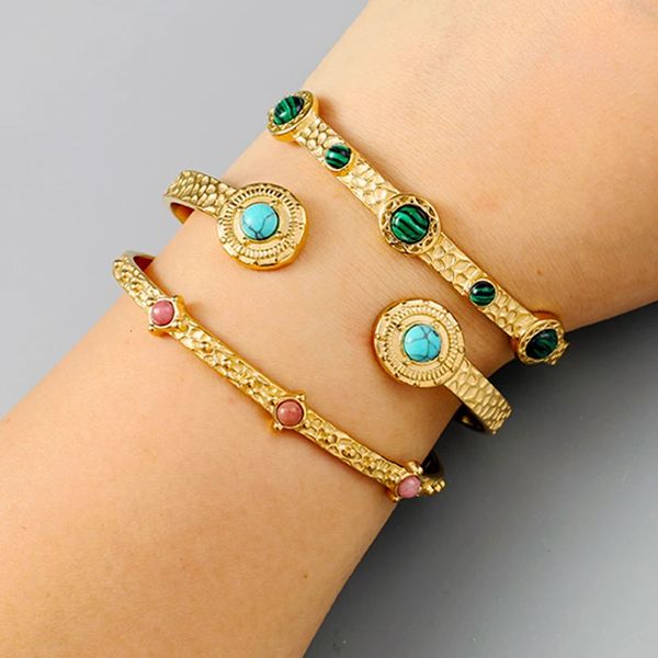 Vintage green charm bracelets with natural stone inlays for women and girls, stylish boho summer bangles featuring stainless steel openings, perfect for parties