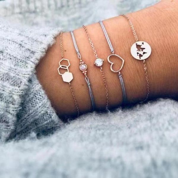 Vintage heart-shaped opal crystal bracelets set for women, featuring metal geometric designs as stylish statement jewelry