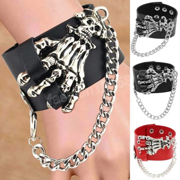 Vintage men's punk-style leather wristband with skull charm and tassel chain details