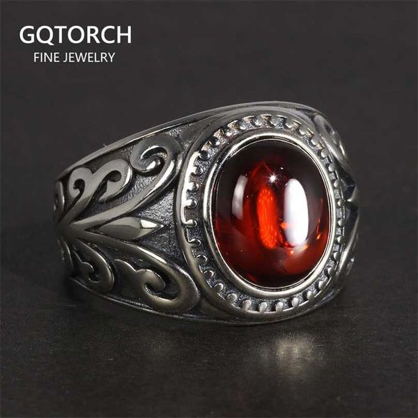 Vintage men's rings crafted from genuine 925 sterling silver, featuring engraved floral designs and natural red garnet gemstones for elegant fine jewelry