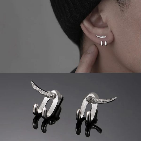 Vintage punk-inspired 14K white gold men's earrings with detachable dual-purpose stud and prong design for versatile party jewelry