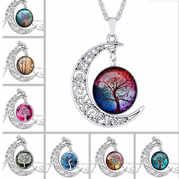 Vintage silver Tree of Life pendant necklaces for women, featuring hollow carved moon gemstones in 8 mixed jewelry styles