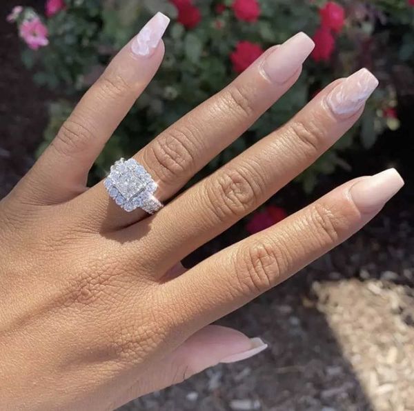 Vintage-inspired 925 sterling silver square diamond CZ court ring for women, perfect as a bridal engagement or promise band, comes with a jewelry box