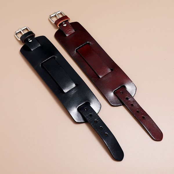 Vintage-style wide black and brown leather adjustable belt charm bracelets for men, punk fashion party jewelry