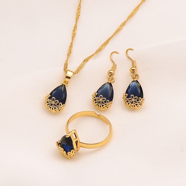 Water Drop purple Crystal Jewelry Set with 9K Yellow Gold Pendant, Necklace, Earrings, and Ring featuring Large Rectangle CZ Gem in Channel Setting