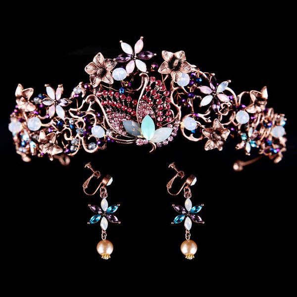 Wedding Hair Jewelry Accessories Crown Bridal Western Style Headdress Earrings Set Exotic